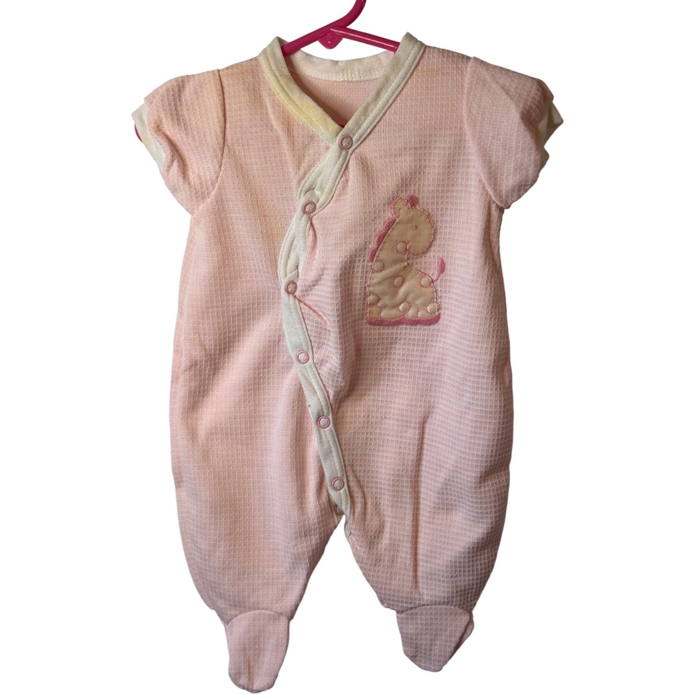 VTG Baby Romper Pink Giraffe Snap Front Footed Waffle Knit Sleeveless Girls